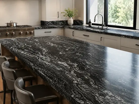 Trabajo realizado en Granito Negro Boreal — obra de Granimar, marmolería en Lanús y Hudson