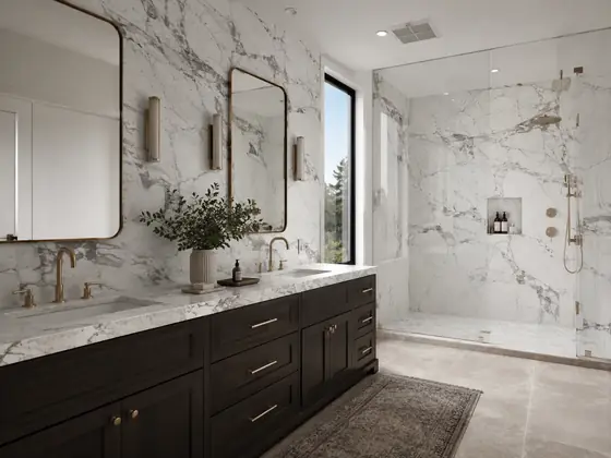 Baño revestido en Mármol Arabescato — obra de Granimar, marmolería en Lanús y Hudson