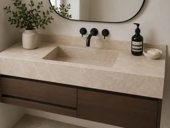 Baño revestido en Mármol Beige Español — obra de Granimar, marmolería en Lanús y Hudson