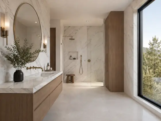Baño revestido en Mármol Carrara — obra de Granimar, marmolería en Lanús y Hudson