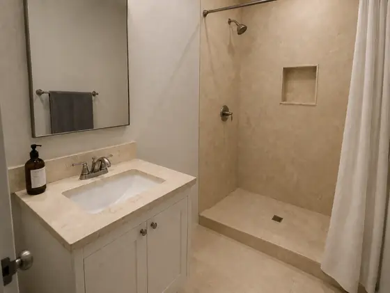 Baño revestido en Mármol Crema Marfil — obra de Granimar, marmolería en Lanús y Hudson