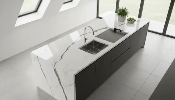Trabajo realizado en Neolith Mont Blanc — obra de Granimar, marmolería en Lanús y Hudson